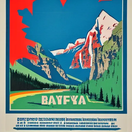 Image similar to soviet style propaganda poster convincing you to move to banff national park,