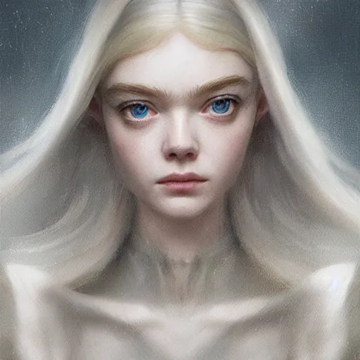 Prompt: a professional painting of Elle Fanning, clothed in ethereal armor, porcelain white skin, long blonde hair, beautiful bone structure, symmetrical facial features, intricate, elegant, digital painting, concept art, smooth, sharp focus, illustration, from Blade Runner 2049, by Ruan Jia and Mandy Jurgens and Artgerm and William-Adolphe Bouguerea