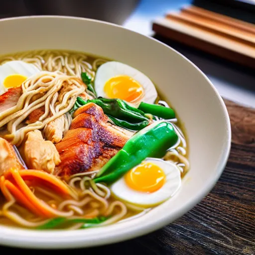 Prompt: A delicious ramen with chicken, eggs, and veggies, the only lighting is from the sunlight, photorealistic imagery, 35mm photography, professional photography, 4k, 8k