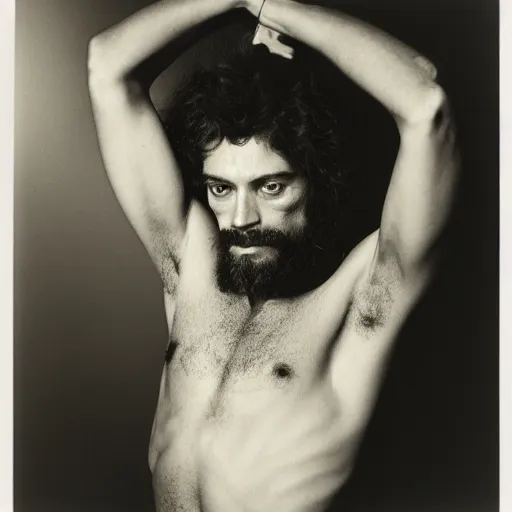 Prompt: Jesus, the lord of cannabis. Close-up studio portrait by Robert Mapplethorpe. Tri-x