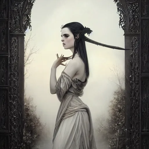 Image similar to By Tom Bagshaw, ultra realist soft painting of curiosities festival by night, very beautiful horn female in long gothic dress thin dark lustrous hair, symmetry accurate features, very intricate details, omnious sky, black and white, volumetric light clouds