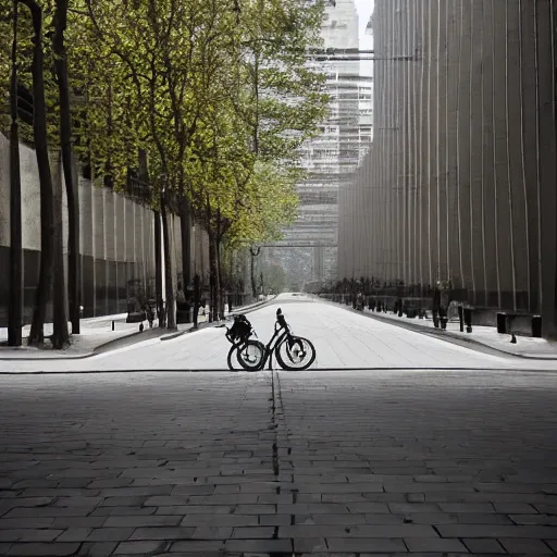 Image similar to a perfect street designed by mies van der rohe. bikes. cinematic, 8 k, inspirational.