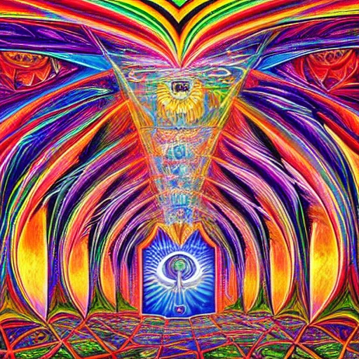 Prompt: beautiful painting of the inside of a dmt cathedral filled with magical energy and infinite rooms by mad dog jones and alex grey