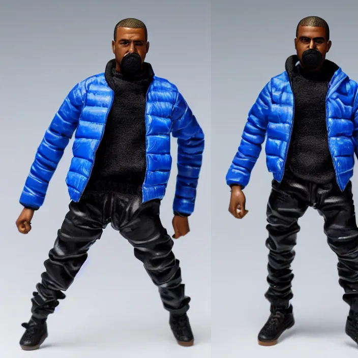 Image similar to a action figure of kanye west using full face - covering mask with small holes. a small, tight, undersized reflective bright blue round puffer jacket made of nylon. a shirt underneath. black jeans pants made of nylon. a pair of big rubber boots, figurine, detailed product photo, 4 k, realistic, acton figure, studio lighting, professional photo