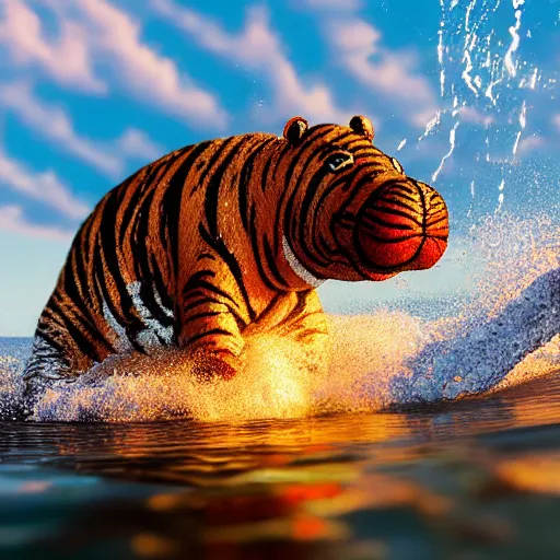 Image similar to a closeup photorealistic photograph of a cute smiling knitted tiger hippopotamus splashing towards a beachball at sunset. surf in background. professional capture. brightly lit scene. this 4 k hd image is trending on artstation, featured on behance, well - rendered, extra crisp, features intricate detail, epic composition and the style of unreal engine.