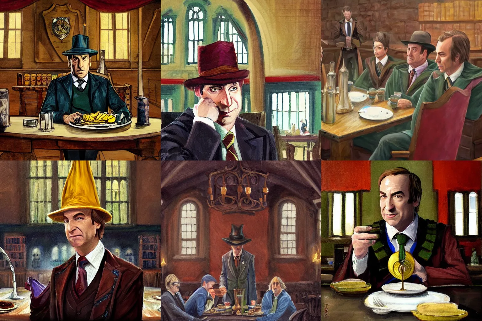 Prompt: A painting of Saul Goodman wearing the Sorting Hat in Hogwarts dining hall, waiting to be sorted into Slytherin.