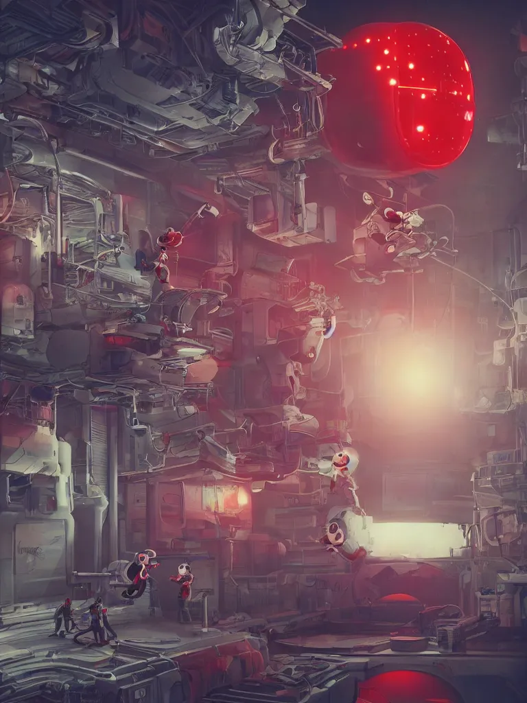 Image similar to graphic art of dystopian futuristic 1 0 mechanic surgeons in space suits, operate on a huge mickey mouse! severed - head!! held by a crane. ominous glowing red netflix!!! sign in the background, trending on art station, beeple