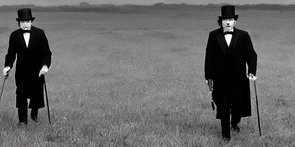 Prompt: a film still of a man holding a cane wearing a black suit and a bowler hat with a robotic face walking in a empty field in a 60s movie, black and white