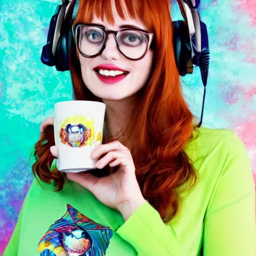 Prompt: a stunning hyper-detailed portrait photo of a beautiful bespectacled woman with long auburn hair and bangs, wearing a tie-dye t-shirt, wearing futuristic headphones and posing with her raccoons and parrots in an overstuffed easy chair in her sunlit living room, holding a coffee mug decorated with parrots, and holding a strawberry-glazed donut and smoking an elaborate hookah, perfect eyes, octane render, unreal engine, 85 mm lens,