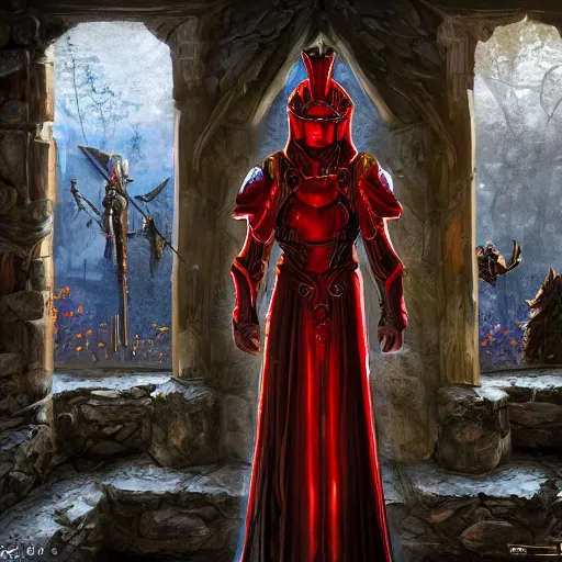 Image similar to blood knight, glowing halo, fantasy art, red intricate armor, located in a castle, morning sunlight through the window, decorated, high quality, highly detailed, 4 k