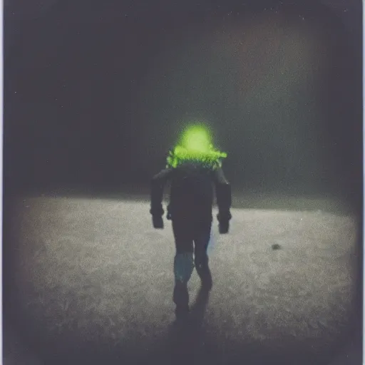 Prompt: Polaroid of a alien running to encounter with the lost ones if they were in a dark zone