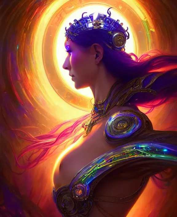 Image similar to a whirlwind of souls rushing inside the metaverse, half body, glowin eyes, tiara with sapphire, pharaoh, android, cyberpunk, d & d, fantasy, intricate, elegant, highly detailed, colorful, vivid color, digital painting, artstation, concept art, art by artgerm and greg rutkowski and alphonse mucha and ruan jia