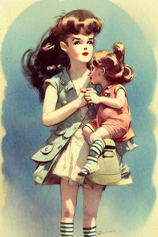 Image similar to ( ( ( ( ( 1 9 5 0 s retro future girl and her doll. muted colors. childrens layout, ) ) ) ) ) by jean - baptiste monge,!!!!!!!!!!!!!!!!!!!!!!!!!