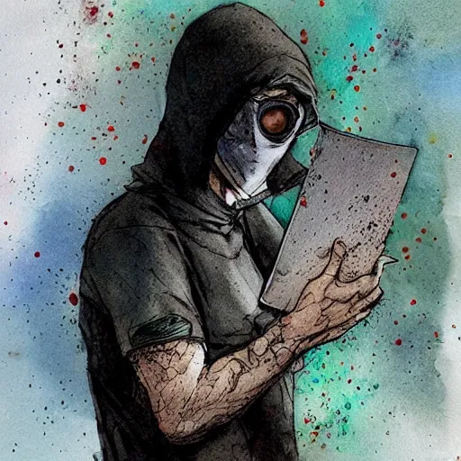 Prompt: hacker from dark web wearing a trival mask, by Jean-Baptiste Monge, post processing, painterly, book illustration watercolor granular splatter dripping paper texture. Trending on artstation, post processing, pen and ink work. sharp focus.