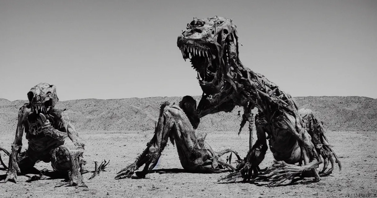 Image similar to in the desert a bloody gross horrifying The Thing creature made of muscle and bone and blood stares at the camera, eating, mid day, 35mm photography, realistic,