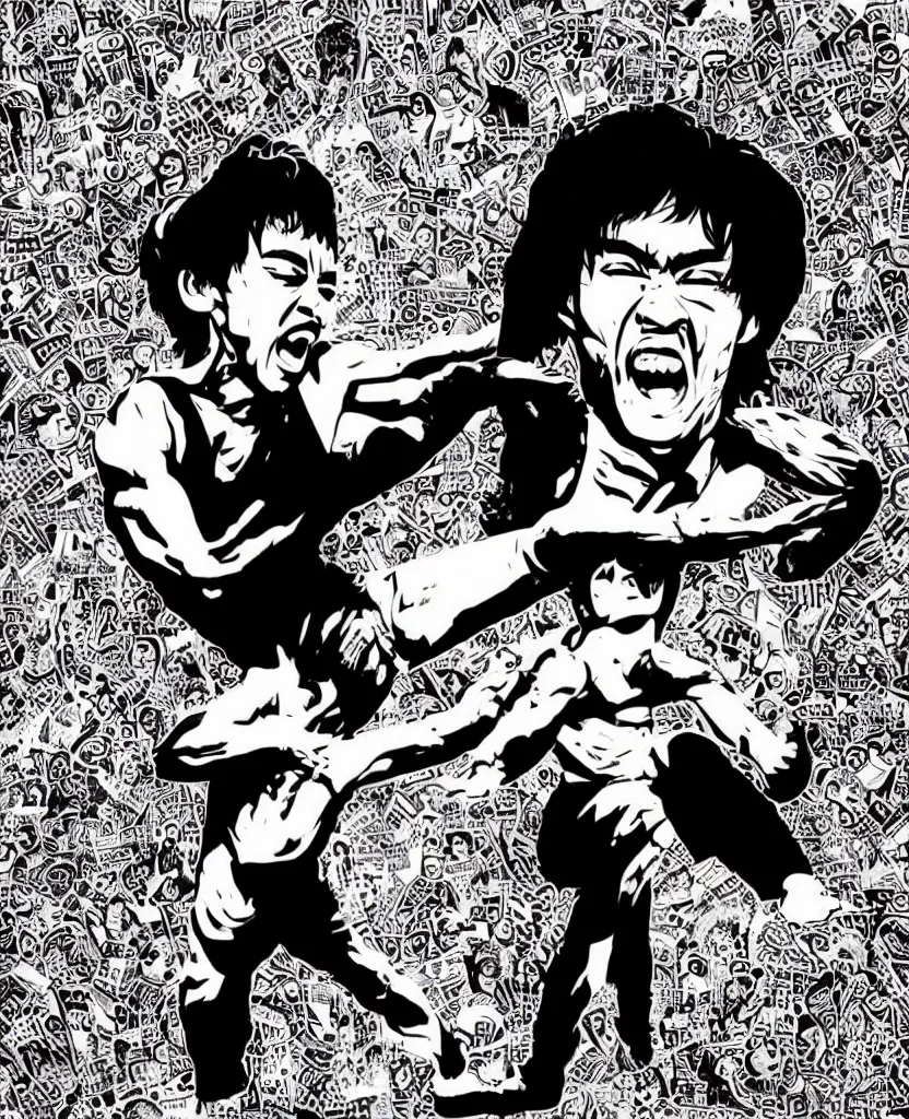 Image similar to a portrait of a screaming bruce lee by mcbess and shepard fairey and lisa frank