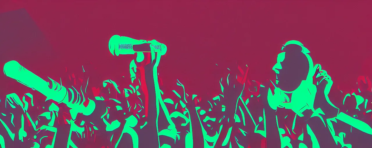 Image similar to rapping into microphone, silhouette, huge crowd, neon soaked, hip hop, digital art, trending on Artstation, professional artist, detailed, 4k