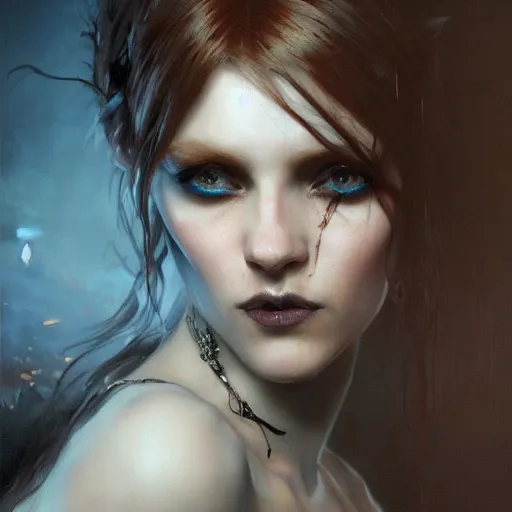 Image similar to dark goth queen with blue eyes, dark fantasy, hyperrealistic portrait, art of elysium by jeremy mann and alphonse mucha, fantasy art, photo realistic, dynamic lighting, artstation, ginger hair, volumetric lighting, very detailed face, 4 k, award winning