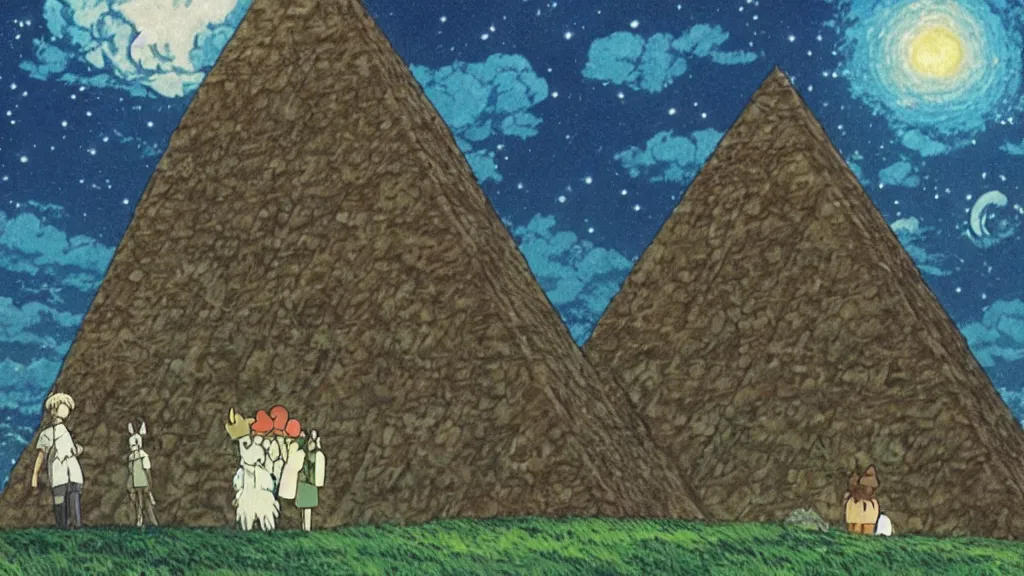 Image similar to a movie still from a studio ghibli film showing a lovecraftian alpaca from howl's moving castle ( 2 0 0 4 ). a pyramid is under construction in the background, in the rainforest on a misty and starry night. a ufo is in the sky. by studio ghibli