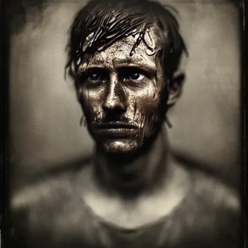 Image similar to A wet-collodion portrait of a man who comes back from a horrific war, he stares into the distance as his eyes show glimmers of hope, depth of field, 50mm lens, studio lighting, high contrast