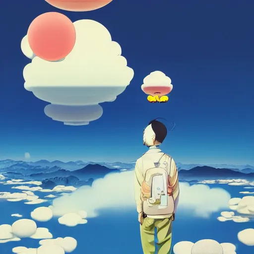 Image similar to a man walking on clouds away from the camera above kyoto by takashi murakami, beeple and james jean, aya takano color style, 4 k, super detailed, modern, 4 k, symmetrical