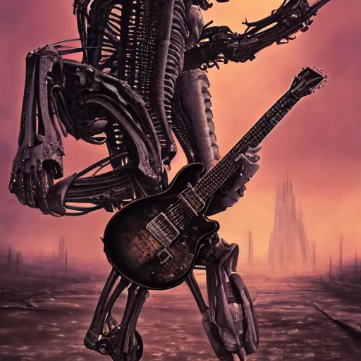 Image similar to death robot shredding guitar, standing in ruined burning street by Yoshitaka Amano, by HR Giger, biomechanical, 4k, hyper detailed, hyperrealism, anime, a Blood Moon rising on a Broken World, deviantart, artstation