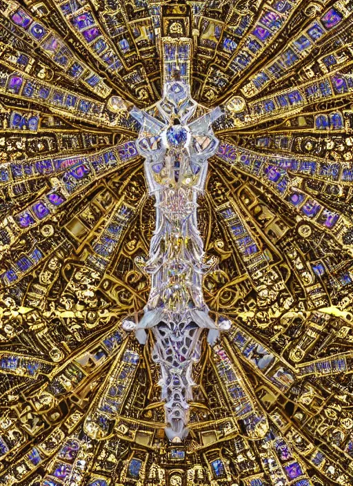 Prompt: a magnificent symmetrical being made of detailed crystals light and golden gothic ornaments by alex gray. 3D, 8k resolution