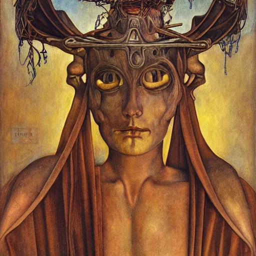 Image similar to weeping robot wearing the bone crown, by Annie Swynnerton and Diego Rivera and Evelyn De Morgan, symbolist, dramatic lighting, elaborate geometric ornament, god rays, soft cool colors,smooth, sharp focus, extremely detailed, Adolf Wölfli