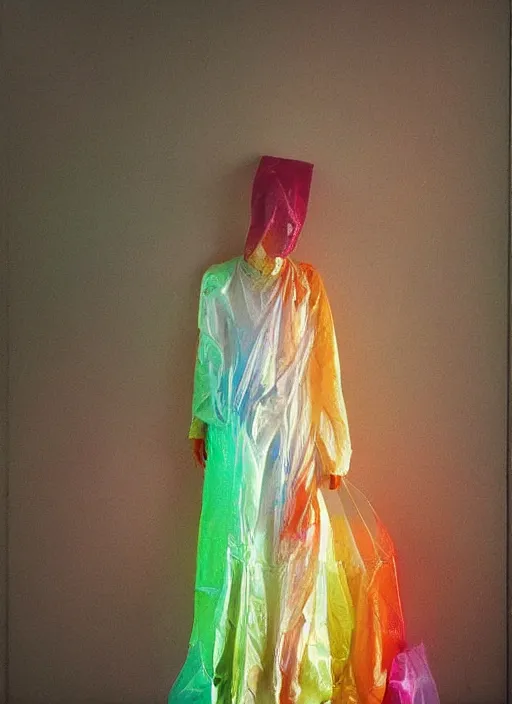 Prompt: woman in a translucent clothing made from colorful rainbow plastic bag with paper bags for clothes standing inside paper bags with paper bag over the head at colorful rainbow store display, highly detailed, artstation, art by , edward hopper, zdislav beksinski, wayne barlowe