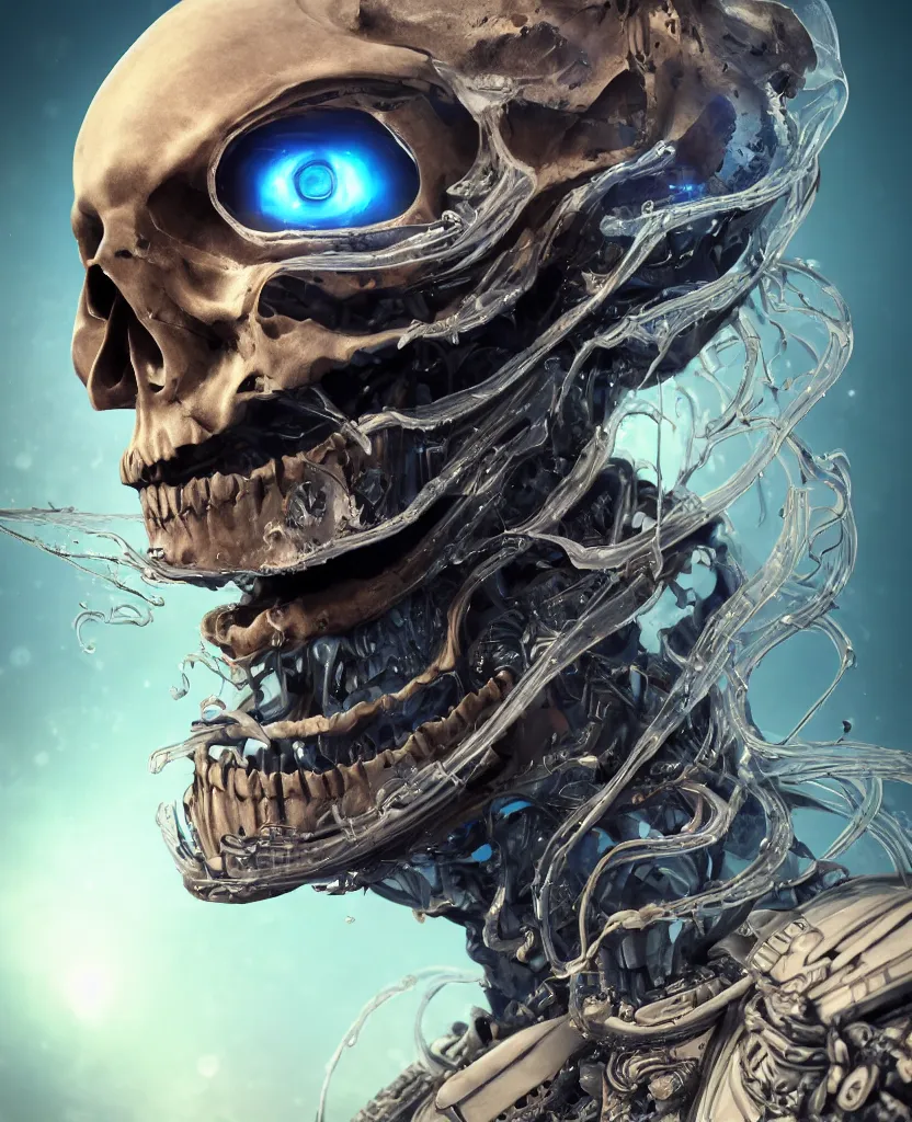 Image similar to close-up macro portrait of the face of a beautiful princess rotten skull in a spaceman suit, epic angle and pose, symmetrical artwork, 3d with depth of field, blurred background, cybernetic jellyfish female face skull phoenix bird, translucent, nautilus, energy flows of water and fire. a highly detailed epic cinematic concept art CG render. made in Maya, Blender and Photoshop, octane render, excellent composition, cinematic dystopian brutalist atmosphere, dynamic dramatic cinematic lighting, aesthetic, very inspirational, arthouse. y Greg Rutkowski, Ilya Kuvshinov, WLOP, Stanley Artgerm Lau, Ruan Jia and Fenghua Zhong