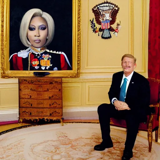 Image similar to president photo of Nicki Minaj real portrait, flag of Argentina behind, background out of focus, in the presidential room,