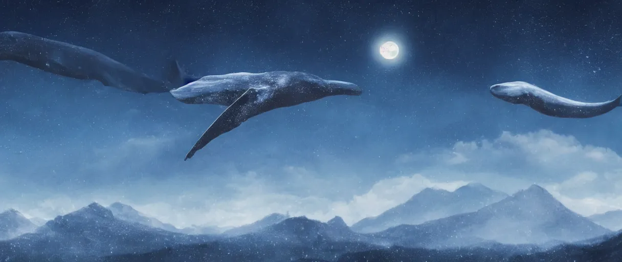 Image similar to blue whale flying in sky, above mountains, concept art, snow, starry sky, nighttime, full moon