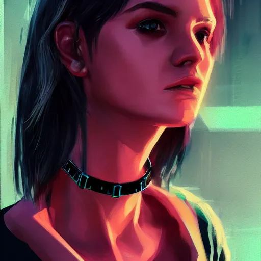 Prompt: headshot portrait of cyberpunk woman wearing thick steel choker around neck, 4K, detailed face, collar on neck, realistic, artstation, cyberpunk style, neon,