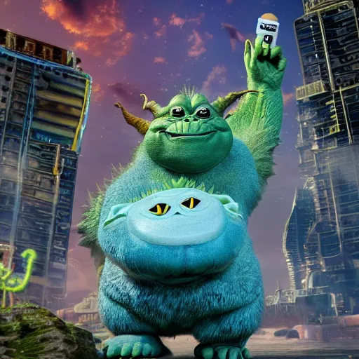 Image similar to elon musk godzilla yoda donkey kong pikachu yeti shrek spongebob homer groot rick sanchez elsa, highly detailed, extremely high quality, hd, 4 k, 8 k, professional photographer, 4 0 mp, lifelike, top - rated, award winning, cinematic, realistic, detailed lighting, detailed shadows, sharp, no blur, edited, corrected, trending