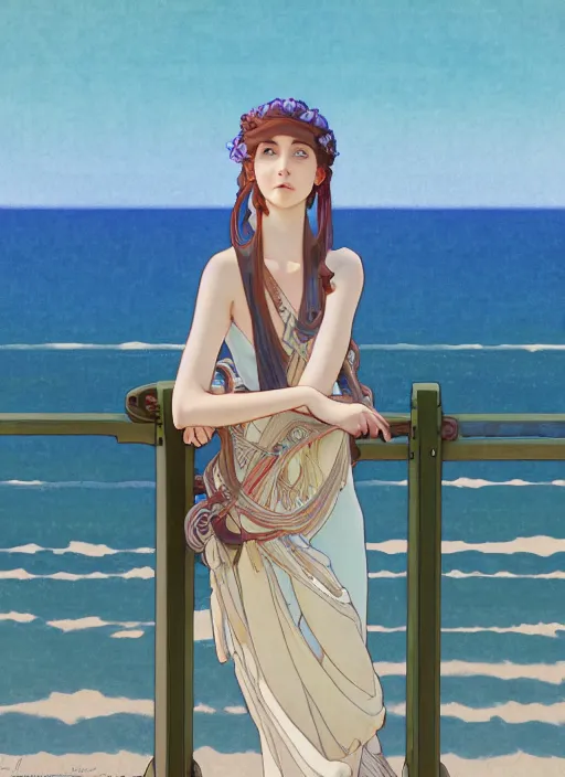 Image similar to pretty young woman leaning against the railing at the beach, path traced, highly detailed, high quality, digital painting, by studio ghibli and alphonse mucha, leesha hannigan, makoto shinkai, disney