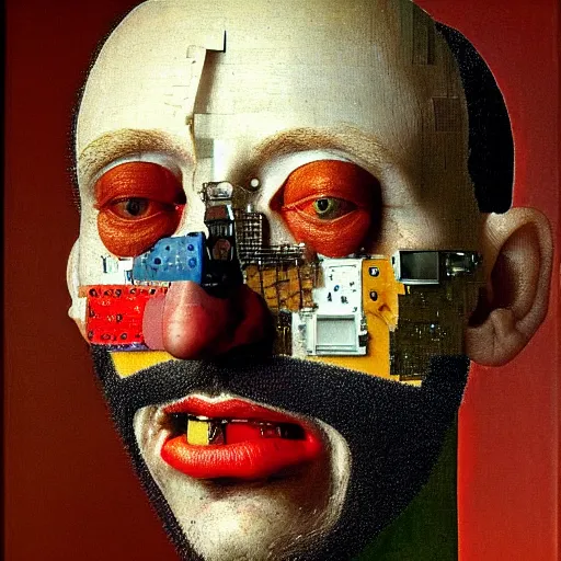 Image similar to portrait photo of a man made from computer parts, Perfect face, extremely high details, realistic, by Giuseppe Arcimboldo, Edward Hopper, Rene Margitte