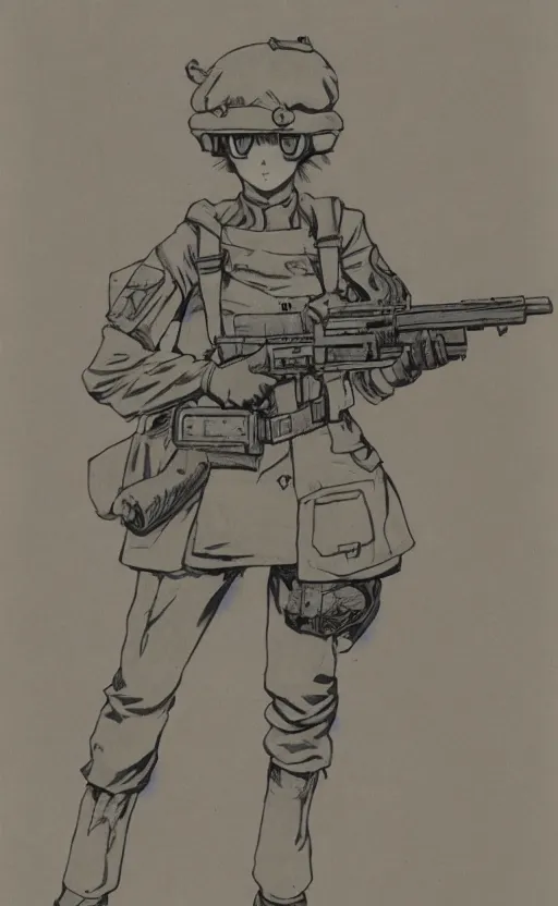 Image similar to manga, monochromatic, toriyama akira, portrait of soldier girl shooting with a rifle, another scene