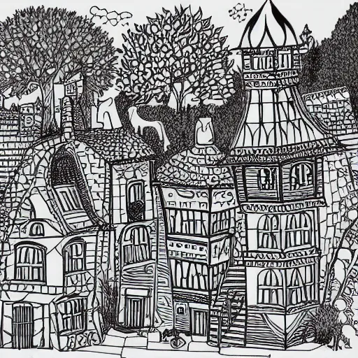 Prompt: an adult coloring book page of a fantasy village