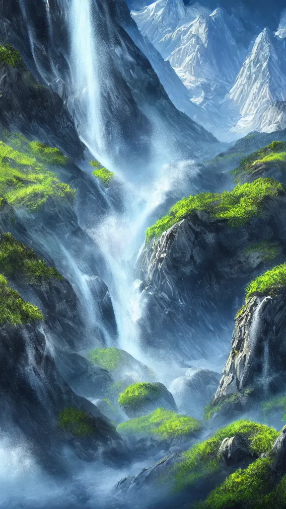 Prompt: highly detailed hd photo art of futuristic mountains and waterfall in the style of Greg Rutswoski, concept art, 8K detail post-processing
