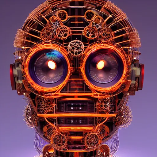 Prompt: a glossy claymodel of a steampunk aztec futuristic robot head, top of the head is made of gears and wires and multicolored glowing tubes, eyes are multicolored led screen, 8 k, front shot, symetrical, flourescent colors, halluzinogenic, multicolored, insanely detailed, 3 d render, octane