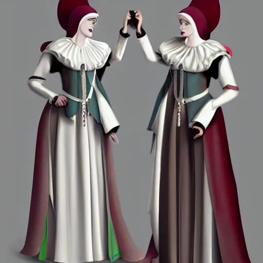 Image similar to female character design inspired by venice carnival and nun outfit | | concept art, gray