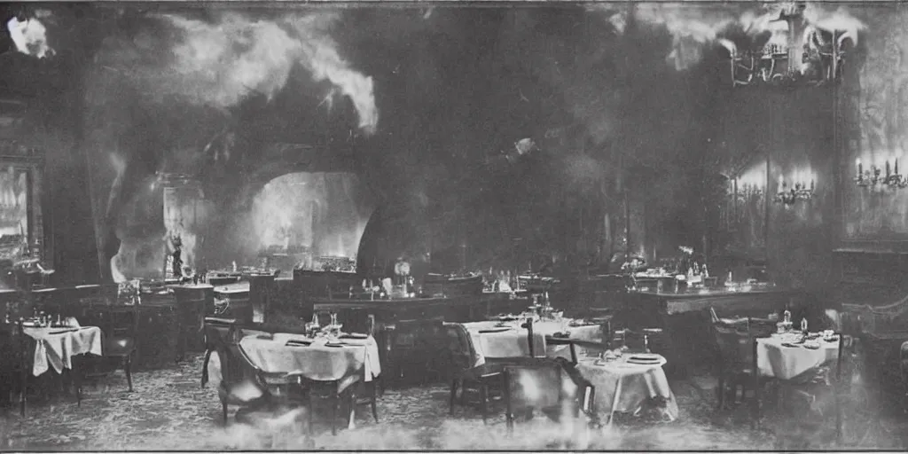 Image similar to the interior of a luxury restaurant that is burning while monsters appear in the background, 1 9 0 0 s photograph