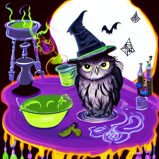 Image similar to teen witch mixing a spell in a cauldron, an owl is standing on the table, a cat is on the table, wispy smoke fills the air, a witch hat, cinematic, green glowing smoke is coming out of the cauldron, ingredients on the table, unorganized apothecary shelves in the background, kids halloween costume