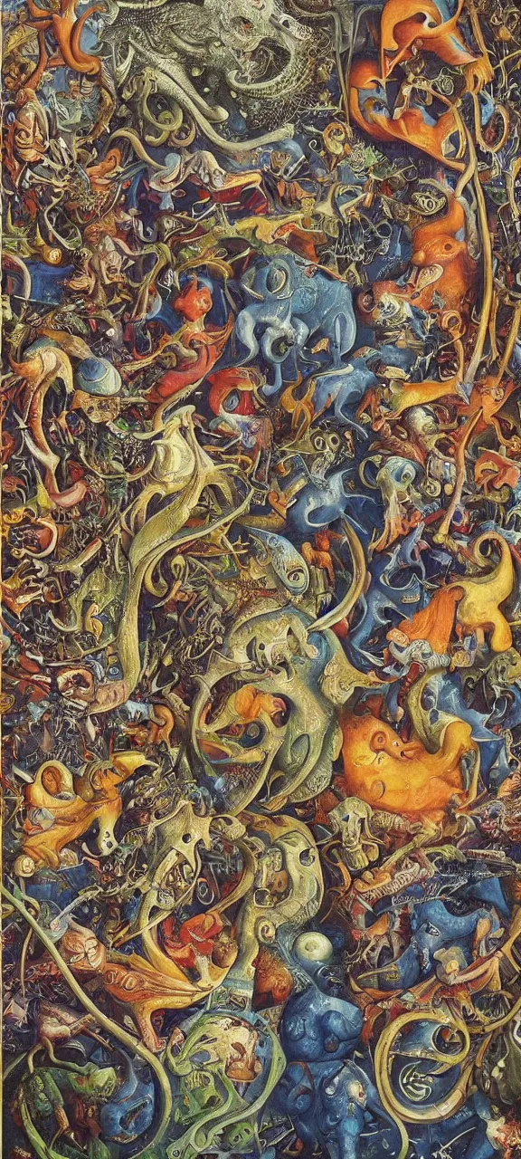 Image similar to an incredibly detailed masterpiece collaborative painting by bosch and Lisa Frank and Giger, ornate, detailed, high resolution, wow!, intricate