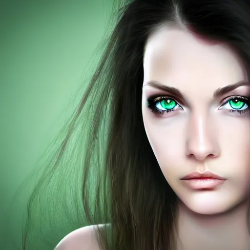 Image similar to Photo of a woman, green eyes, shy, tears in eye, long hair, photo realistic, hyper realism