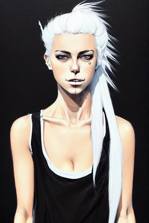 Image similar to a ultradetailed beautiful painting of a stylish woman in with white hair in a ponytail, she is wearing a black tank top and jeans, by conrad roset, greg rutkowski and makoto shinkai trending on artstation