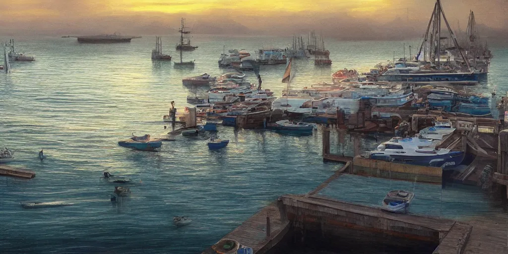 Image similar to wood dock, car on dock, big fishing boat next to the dock with waving sailors. low angle, sunrise, a mediterranean phoenician fishing village in the distance, chalk cliffs above, highly detailed, digital painting, artstation, concept art, sharp focus, illustration, art by artgerm and raphael lacoste and magali villeneuve