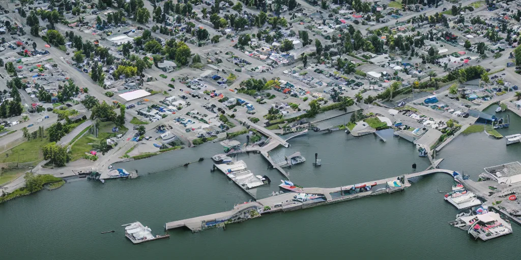 Image similar to bird's eye view of a small city, trailer park, a road, bridge, and inlet with docking area. town hall. photography