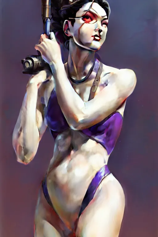 Prompt: painting of widowmaker from overwatch, closed swimsuit, white skin color, ultra realistic, sharp details, subsurface scattering, intricate details, warm lighting, beautiful features, highly detailed, photorealistic, octane render, 8 k, unreal engine, art by artgerm and greg rutkowski and alphonse mucha