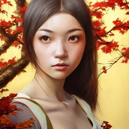 Image similar to oil painting by ilya kuvshinov,, baugh casey, artgerm craig mullins, sakimi, coby whitmore, of a youthful japanese girl, long hair, female warrior in the alps, highly detailed, otherworldly face, disney palace in background studio photography, noon, intense bounced light, water reflection, large tree casting shadow, by zack snyder